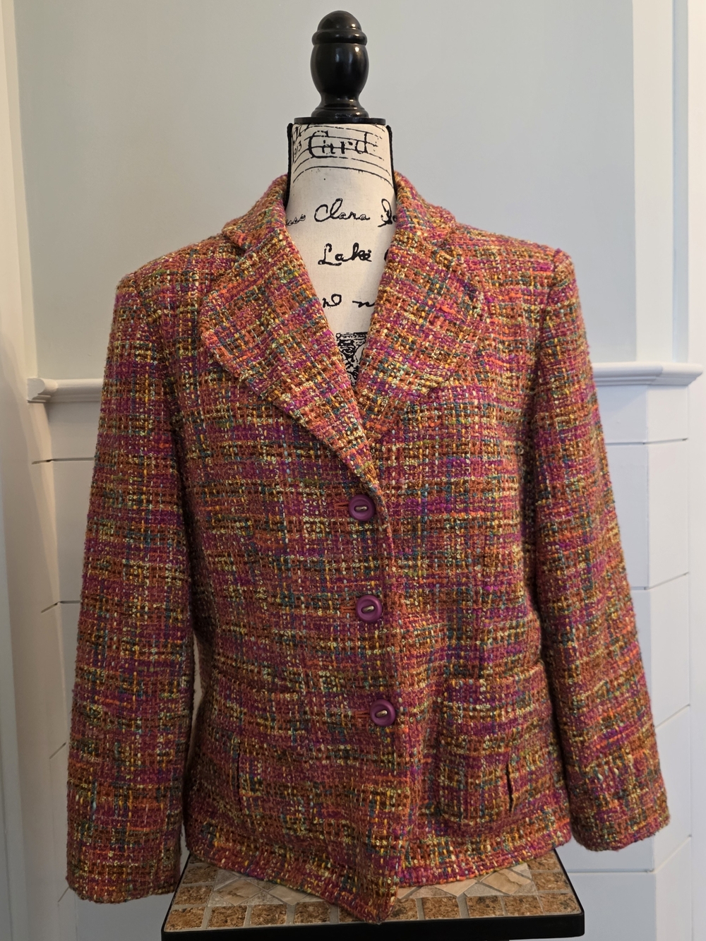 RQT Multi-Color Tweed Wool Blend Blazer Size 14 | Pink Preppy Academic Jacket